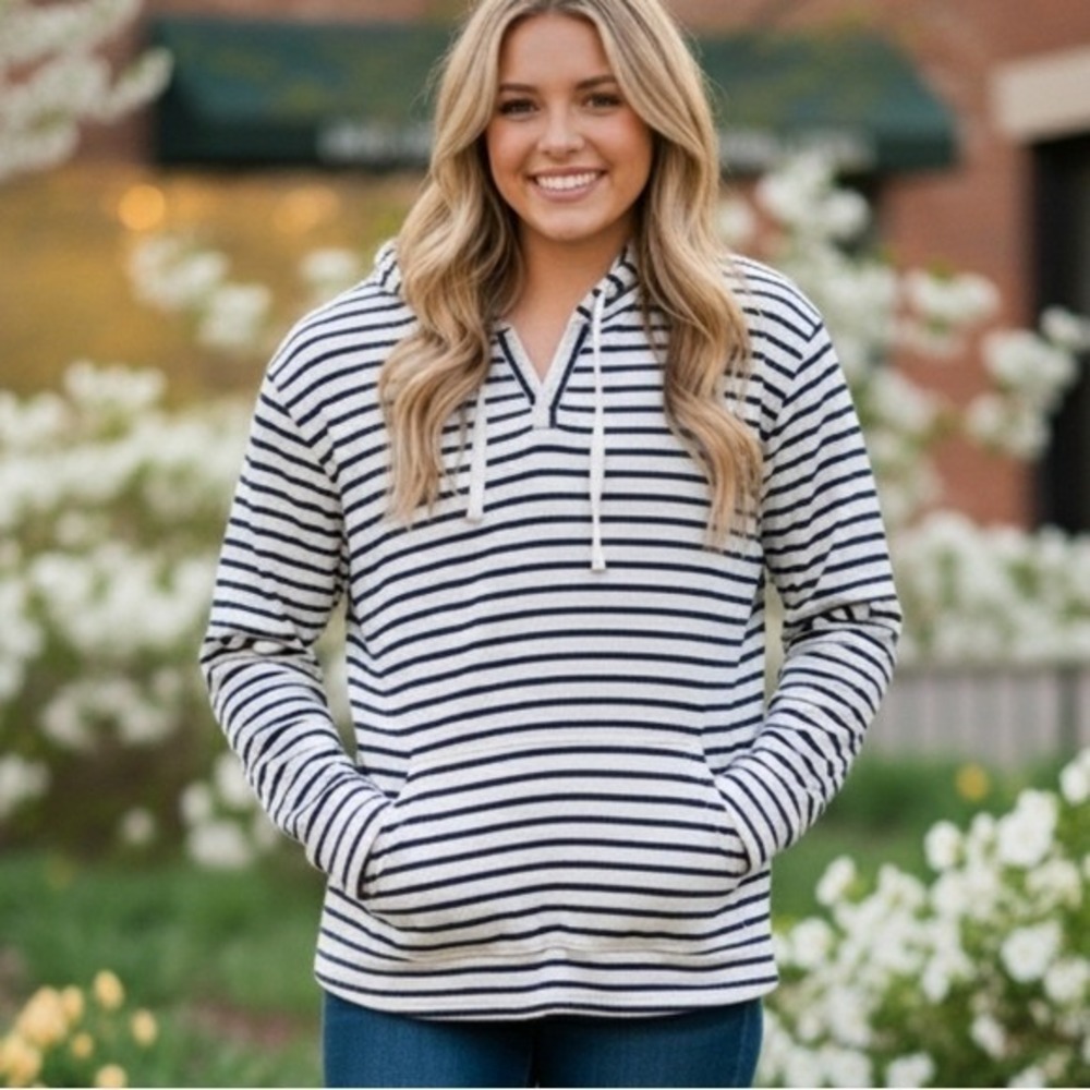 Market & Spruce Navy and White Striped Hoodie Woman's Large